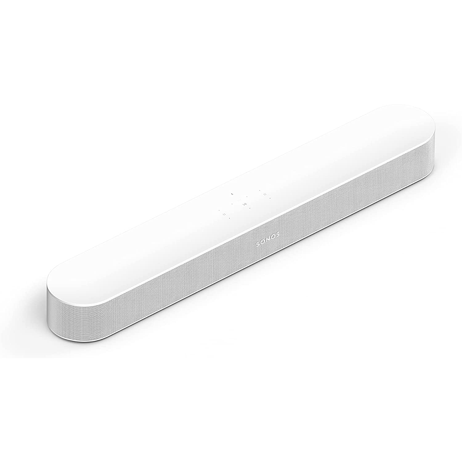 Una barra de sonido Sonos blanca sobre una superficie blanca. Sonos está escrito en el frente.