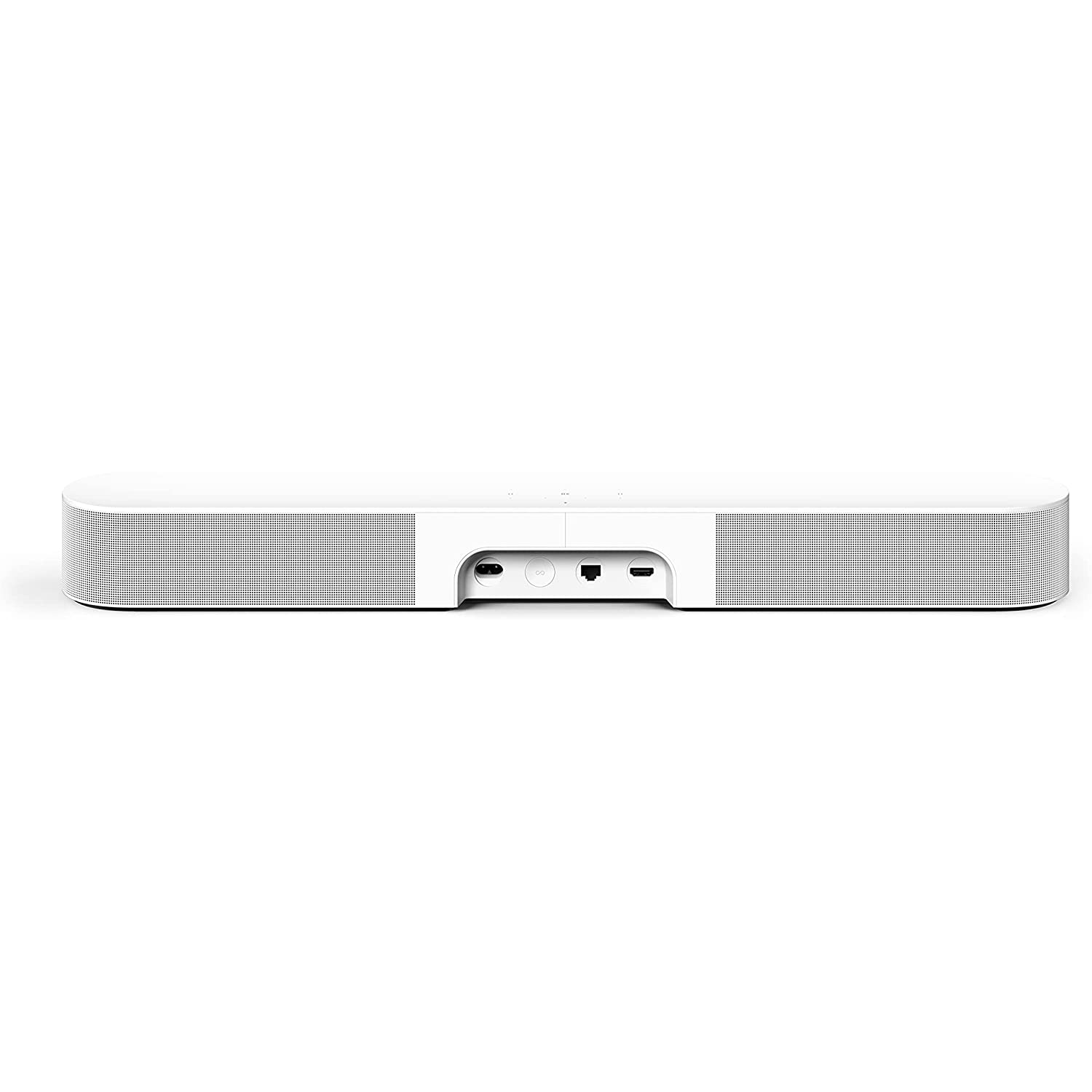 Una barra de sonido blanca con rejilla frontal y puertos traseros.
