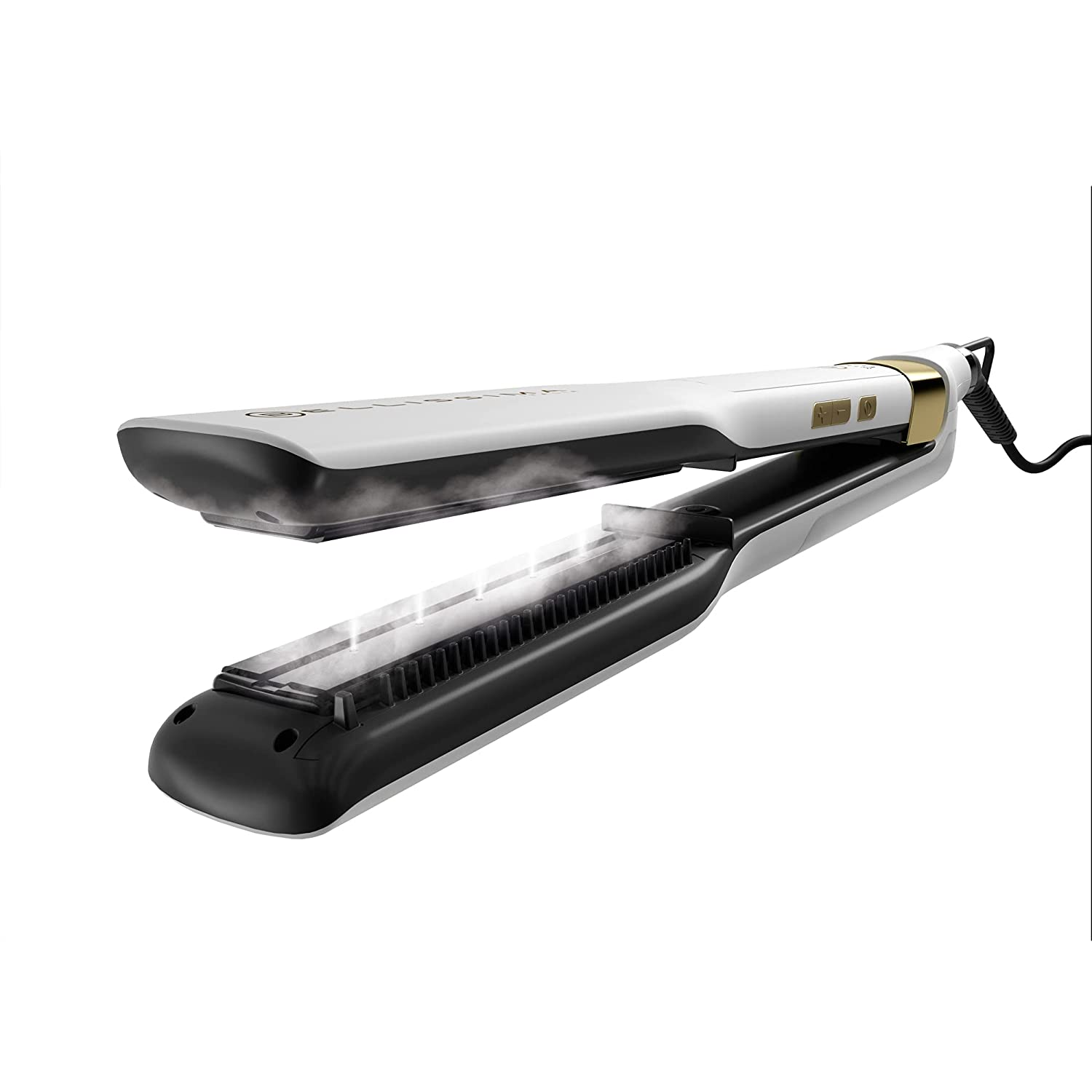 Una plancha para el cabello blanca y negra, abierta, con vapor saliendo de las placas calefactoras.