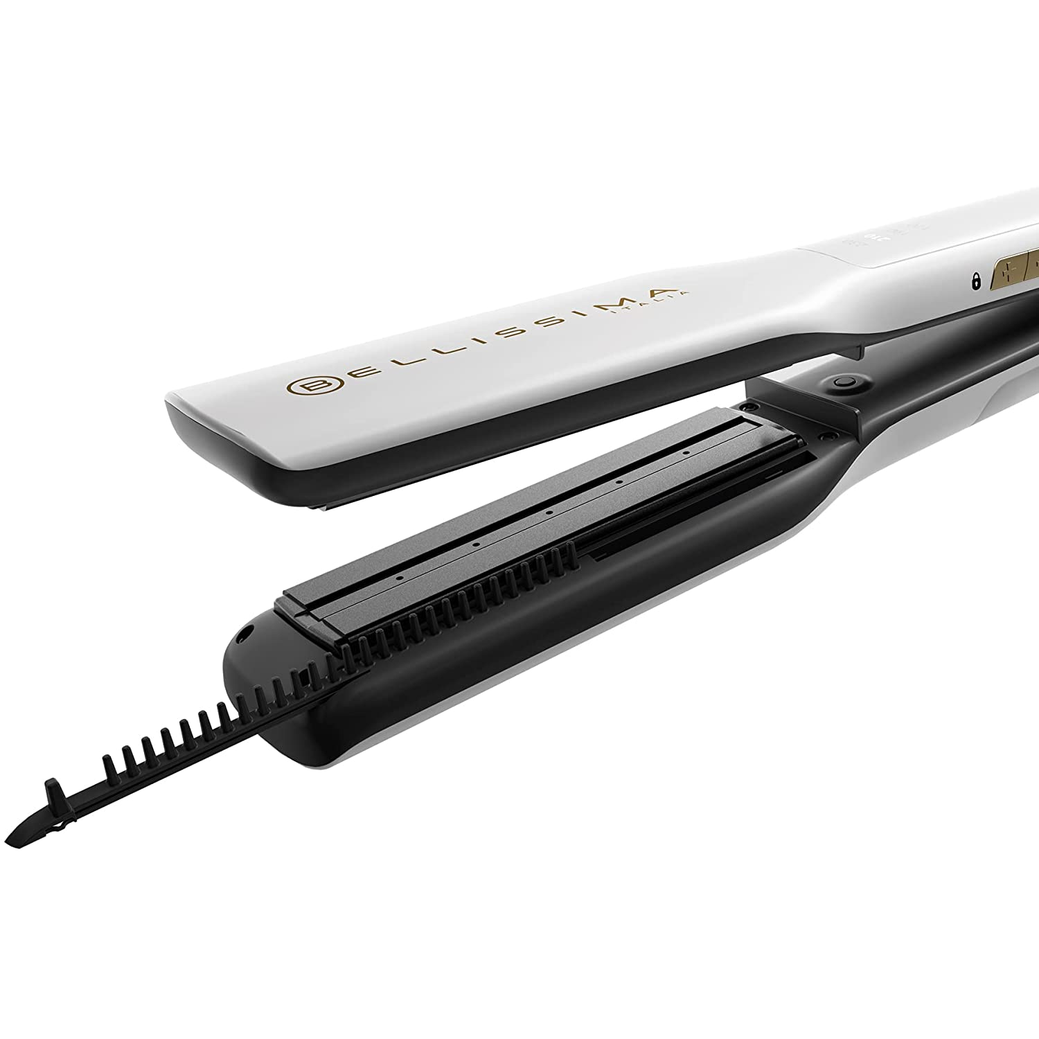 Plancha de pelo blanca y negra, abierta, sobre superficie blanca.