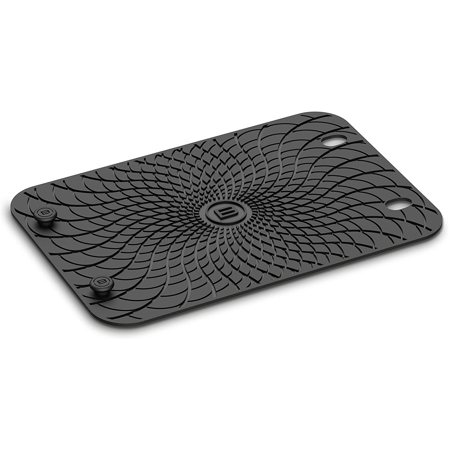 Alfombrilla negra con patrón espiral y tres pies circulares.