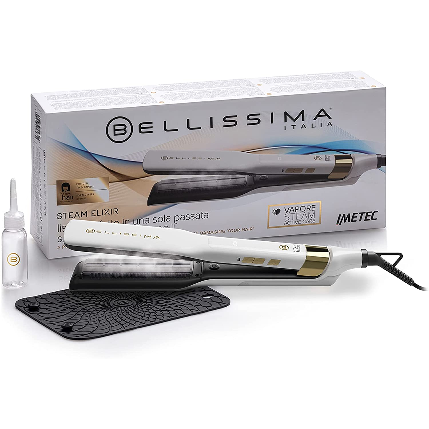 Plancha de pelo blanca y dorada con accesorios. El producto está sobre un fondo blanco.