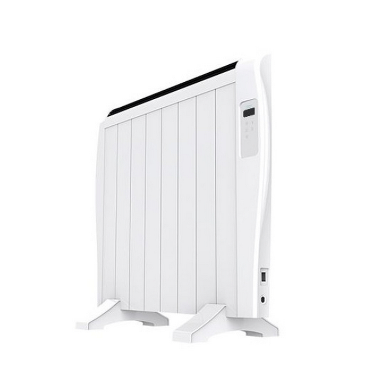 Calentador eléctrico blanco y moderno con pantalla digital y soporte, aislado sobre fondo blanco.