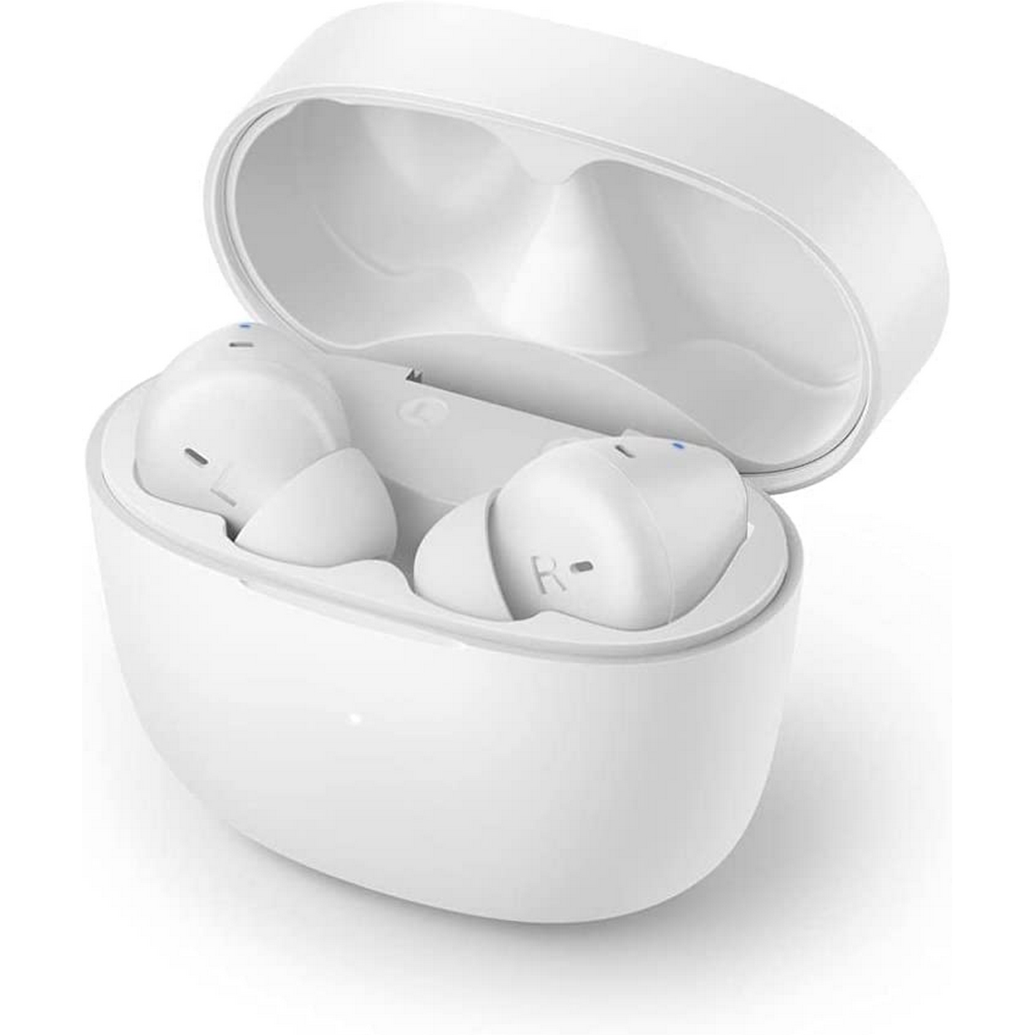 Auriculares blancos en un estuche de carga blanco abierto, sobre un fondo blanco.