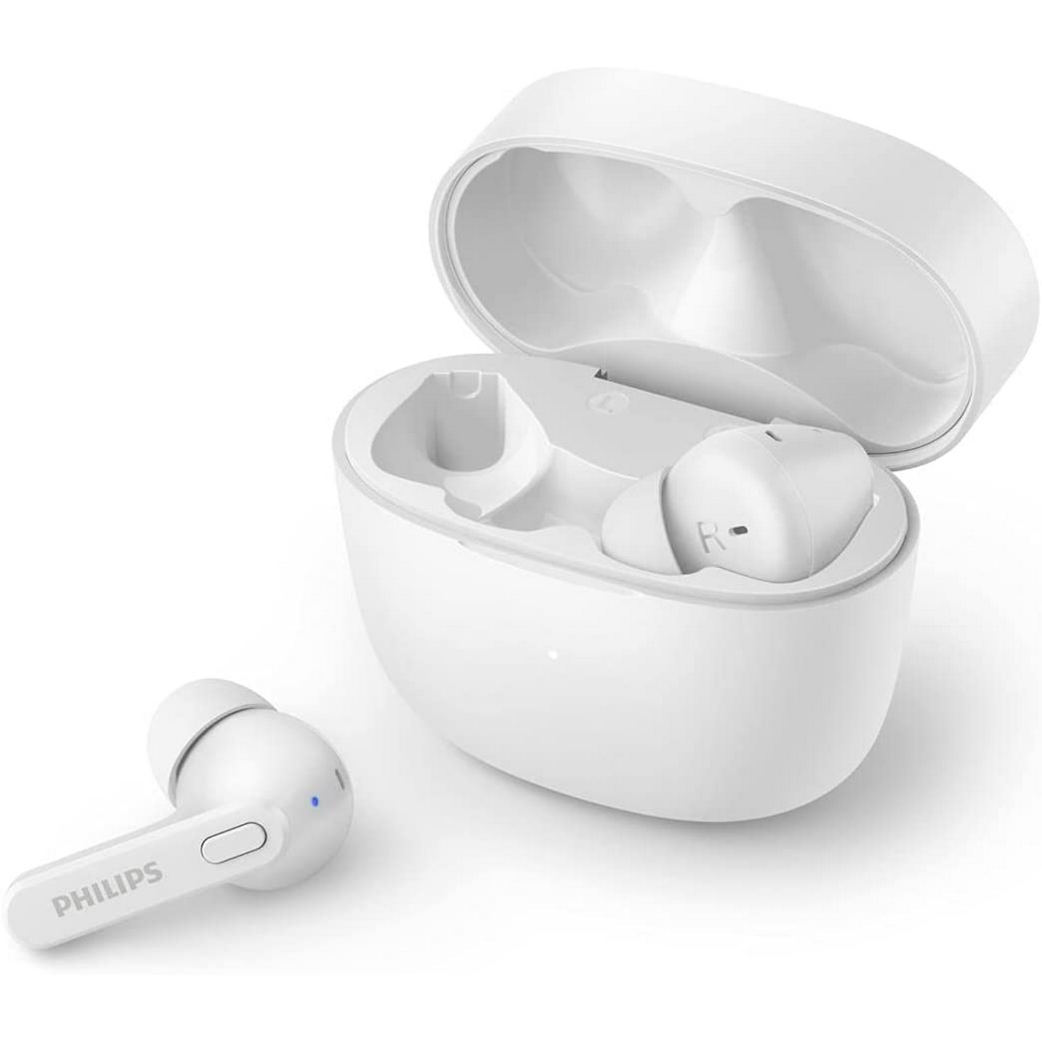 Auriculares blancos y estuche de carga. Un auricular está separado. El estuche está abierto.