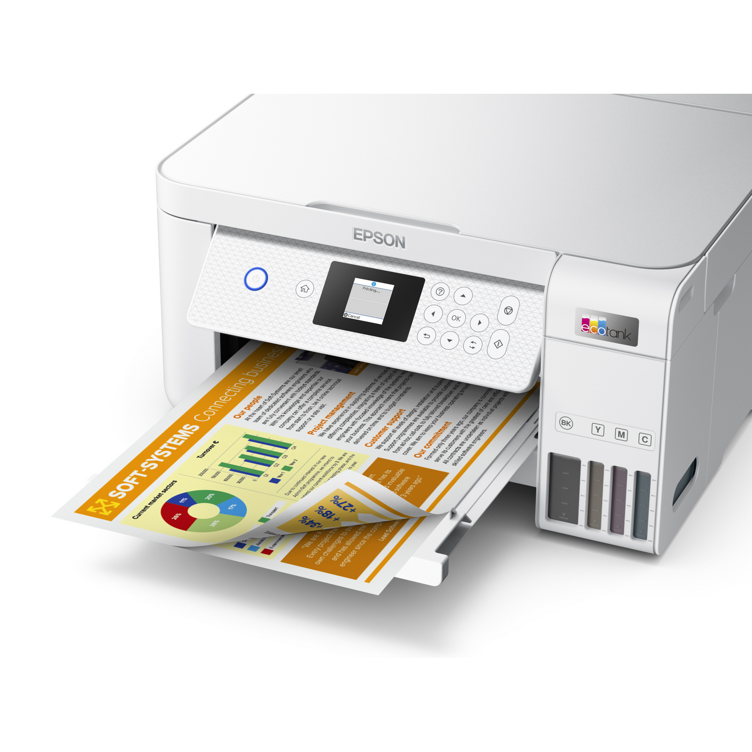 Una impresora Epson imprimiendo un papel con gráficos y texto, con cartuchos de tinta de color visibles al lado.