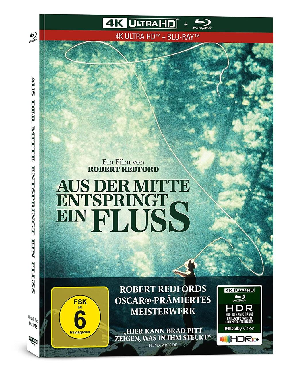 DVD-Cover des Films 'Aus der Mitte entspringt ein Fluss'. Ein Mann angelt. Blaue und grüne Farbtöne.