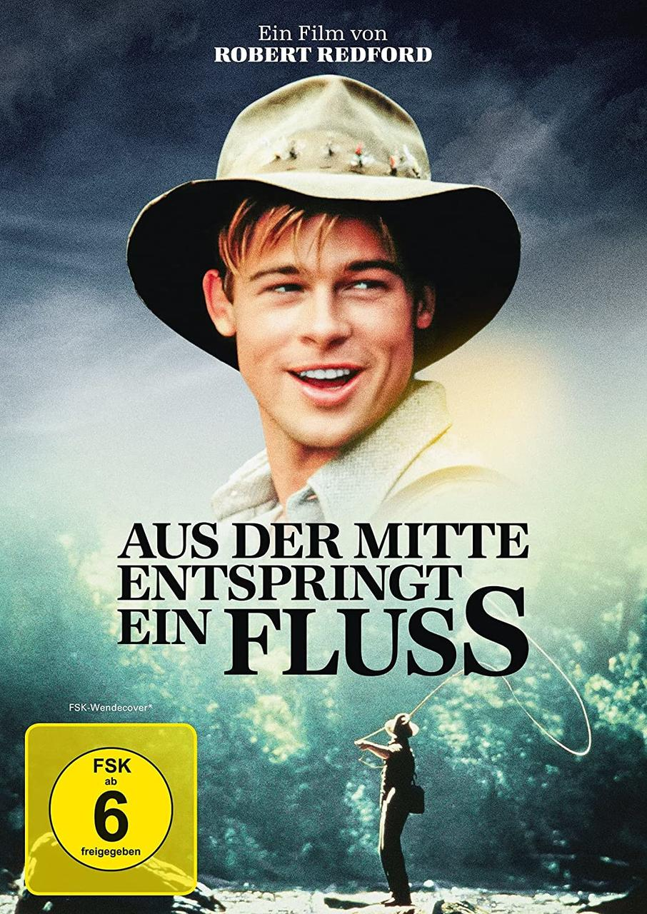 Filmcover: Brad Pitt beim Angeln, Flussszene, Filmtitel auf Deutsch.