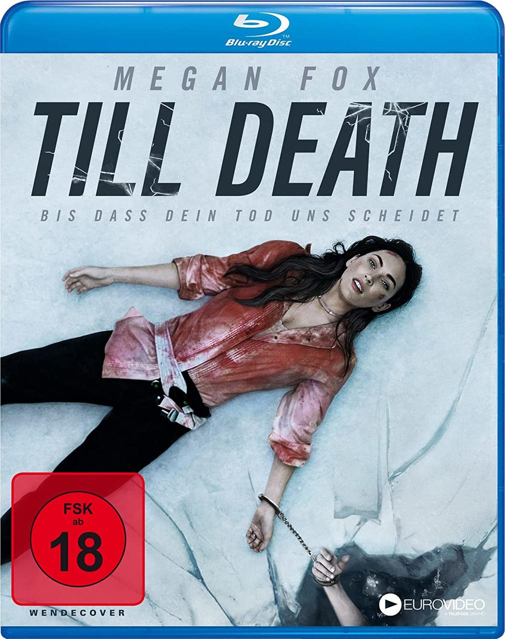 Blu-ray-Hülle für 'Till Death' mit Megan Fox. Bild von Megan Fox, die mit Blut liegt.