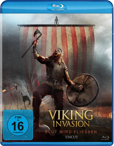 Filmcover: Wikingerkrieger schreit mit Axt und Schild. Titel: Viking Invasion.