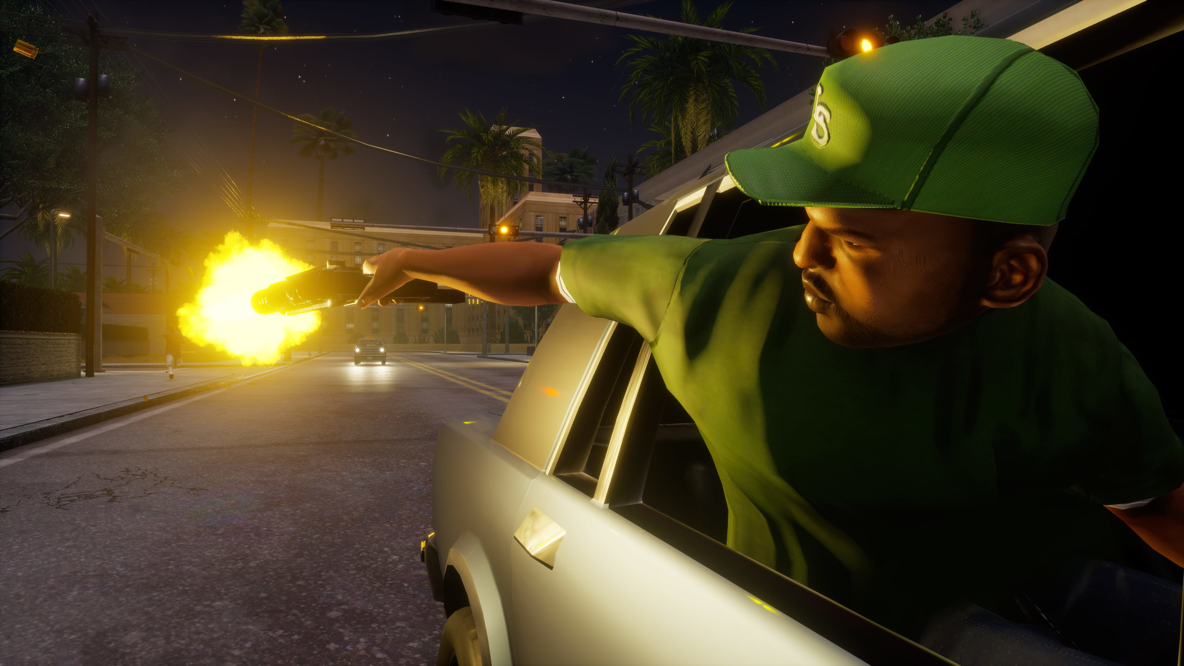 Un personnage de jeu vidéo tirant avec une arme la nuit. Du feu et une voiture sont également visibles.