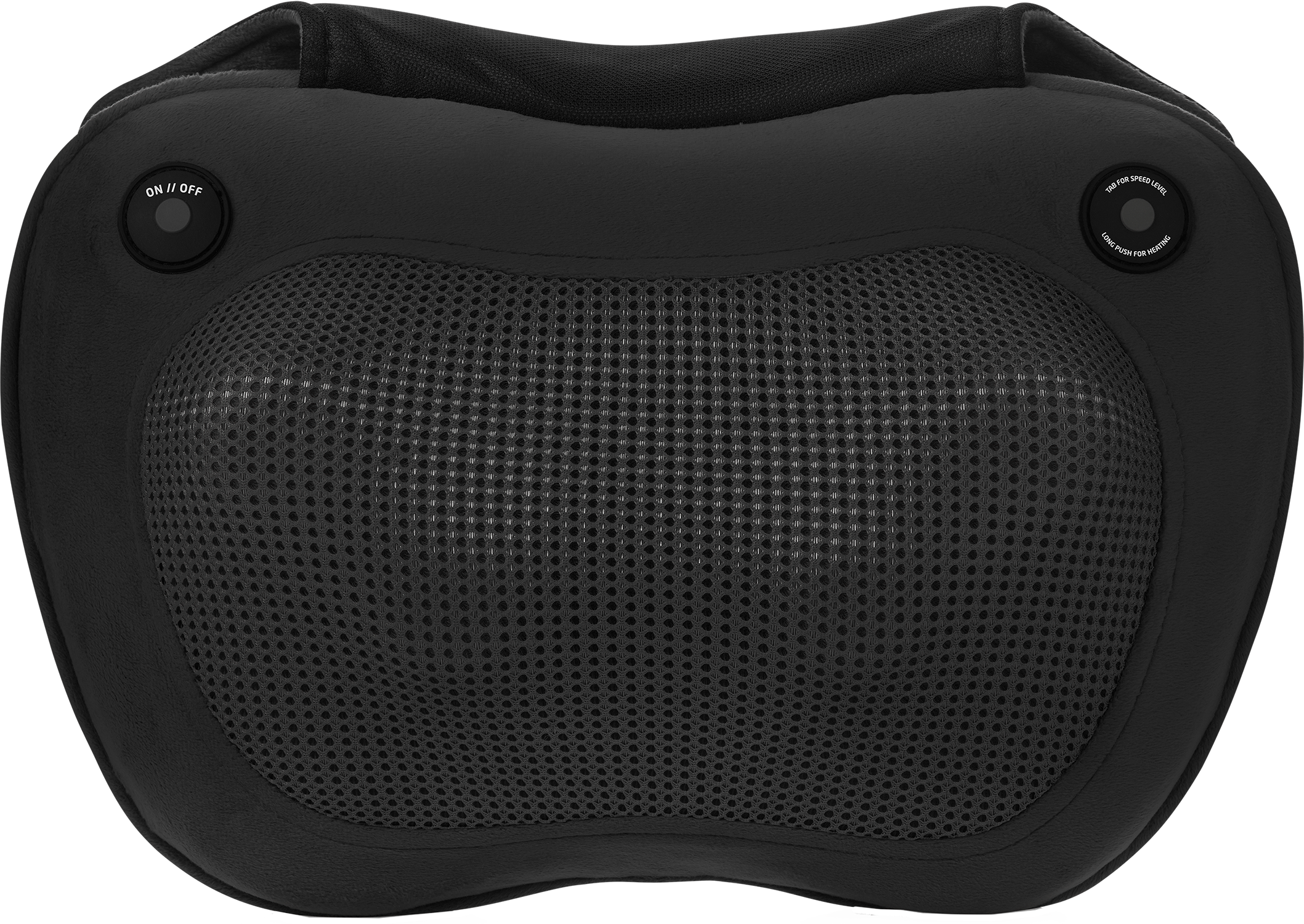 Een zwarte nekmassager met twee knoppen en een mesh-midden.
