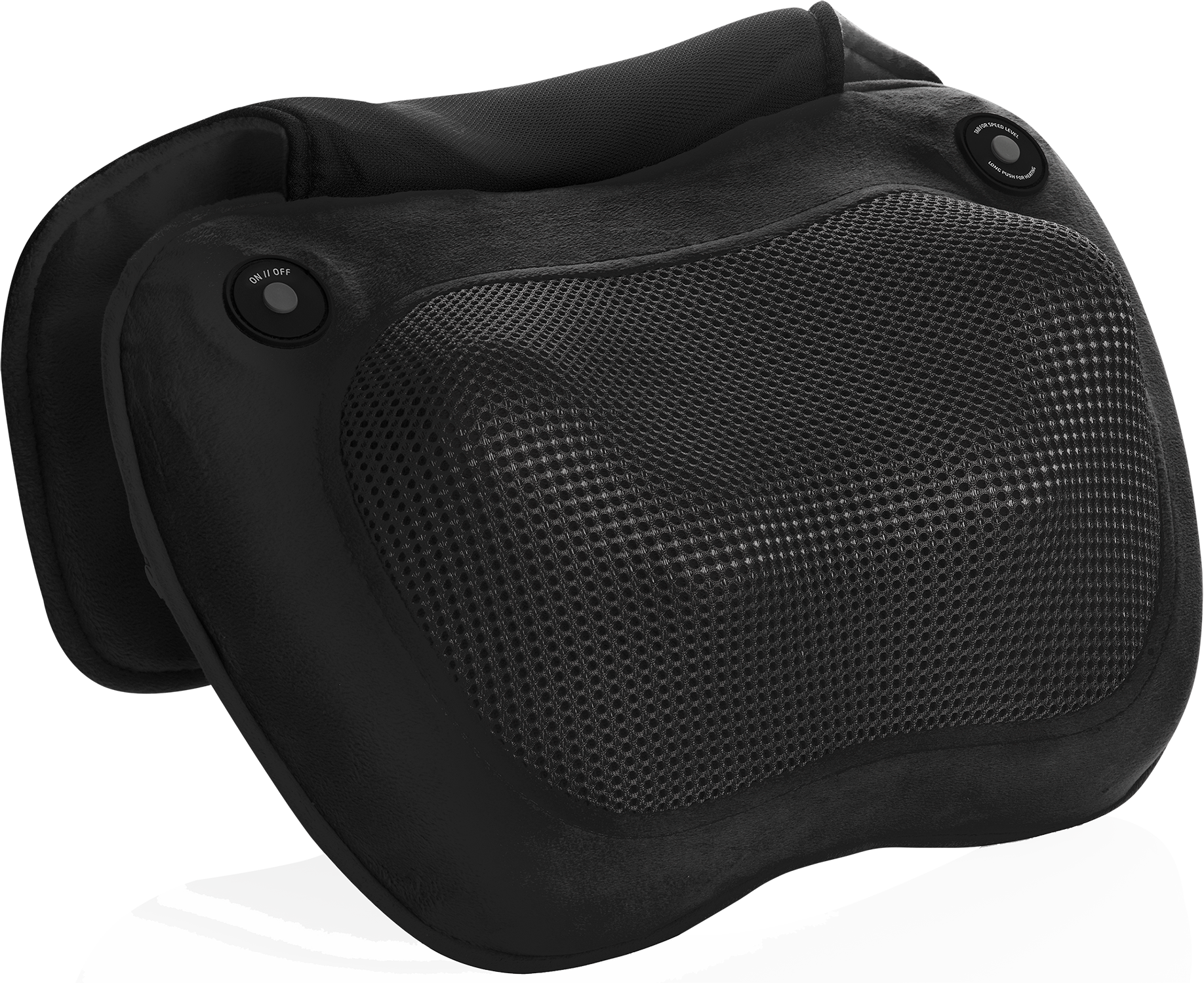 Zwarte nekmassager met mesh middensectie en twee bedieningsknoppen aan de bovenkant.