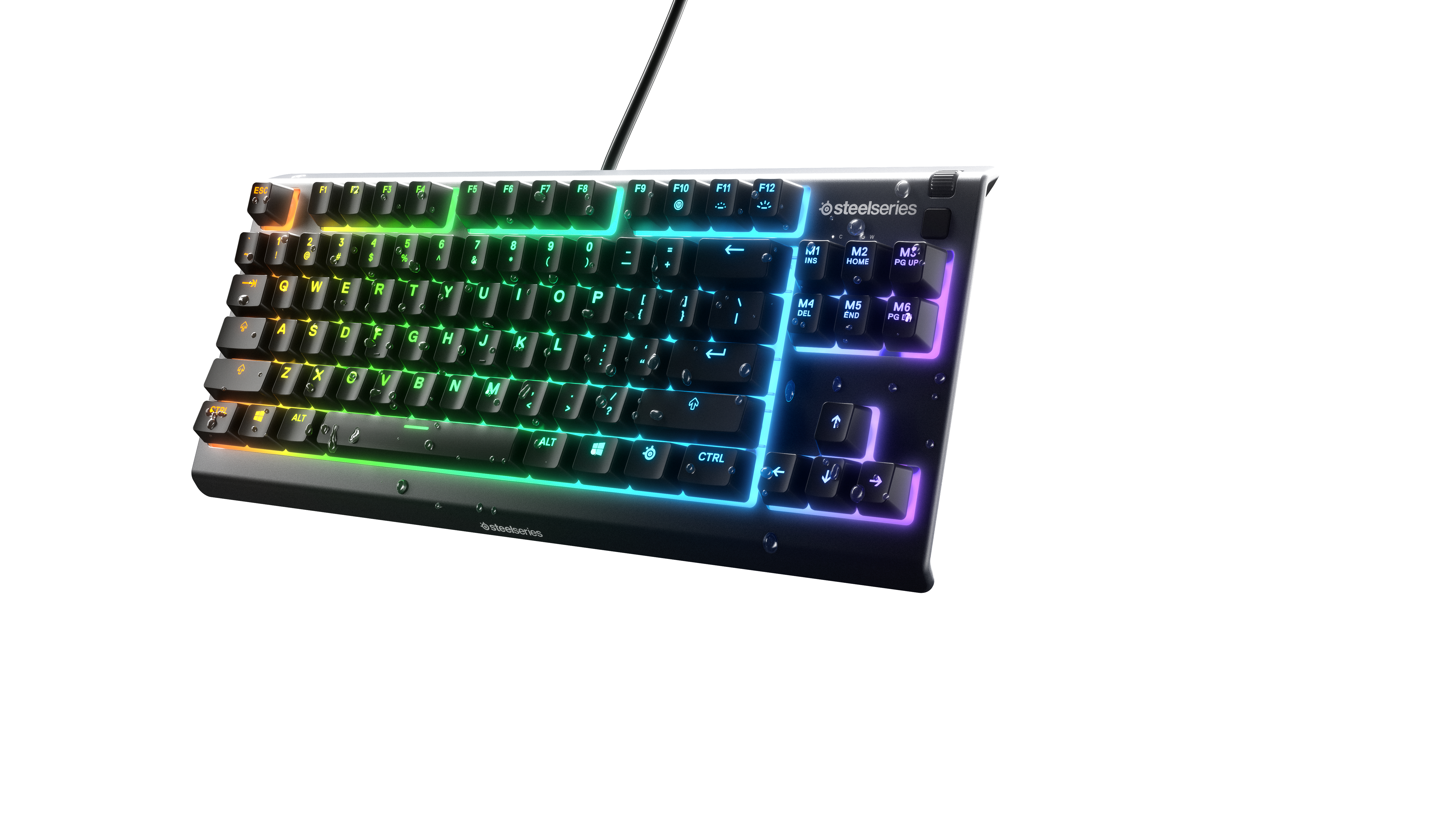 Eine schwarze Tastatur mit Regenbogenlichtern unter den Tasten. Steelseries steht drauf.