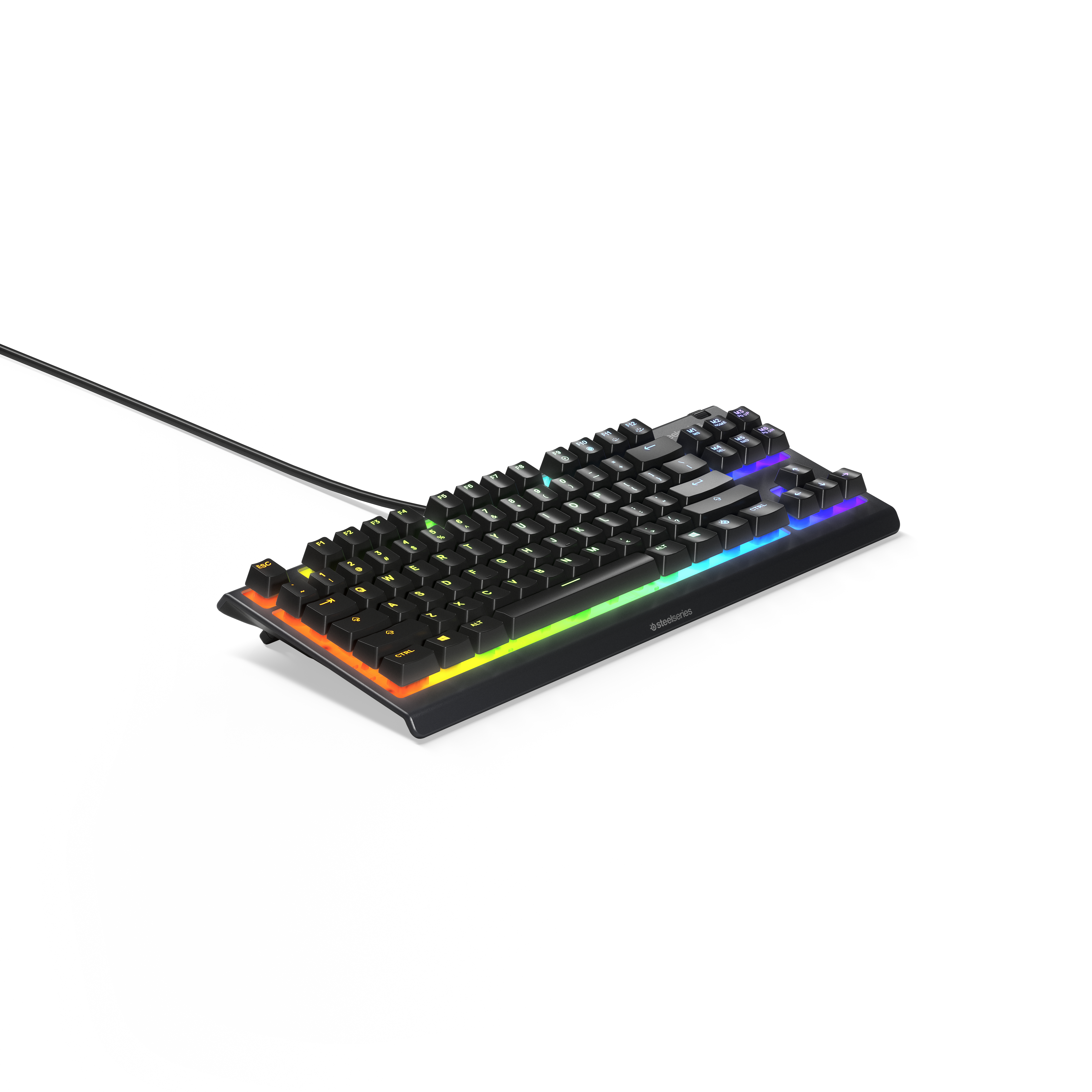 Schwarze Gaming-Tastatur mit Regenbogenbeleuchtung. Tasten sind sichtbar. Mit einem schwarzen Kabel verbunden.