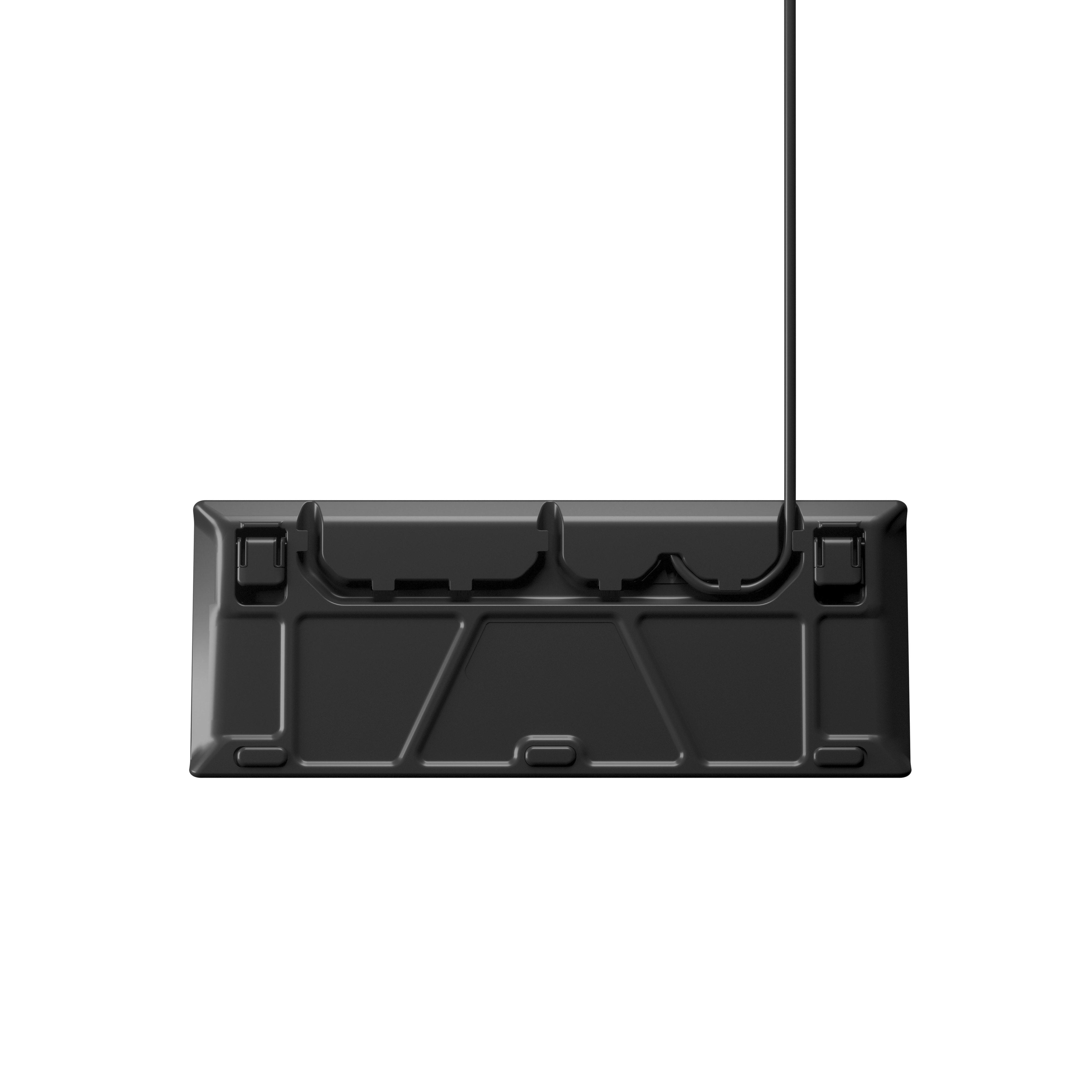 Unteransicht einer schwarzen Tastatur mit ihren Stützen und Kabel.