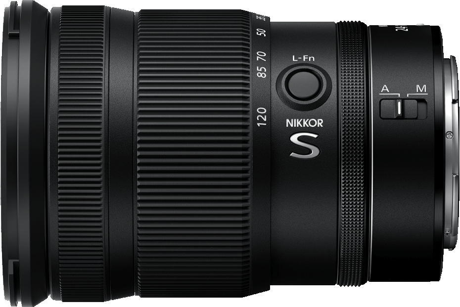 Objectif d'appareil photo noir avec réglages. L'objectif a un design nervuré et la marque NIKKOR.