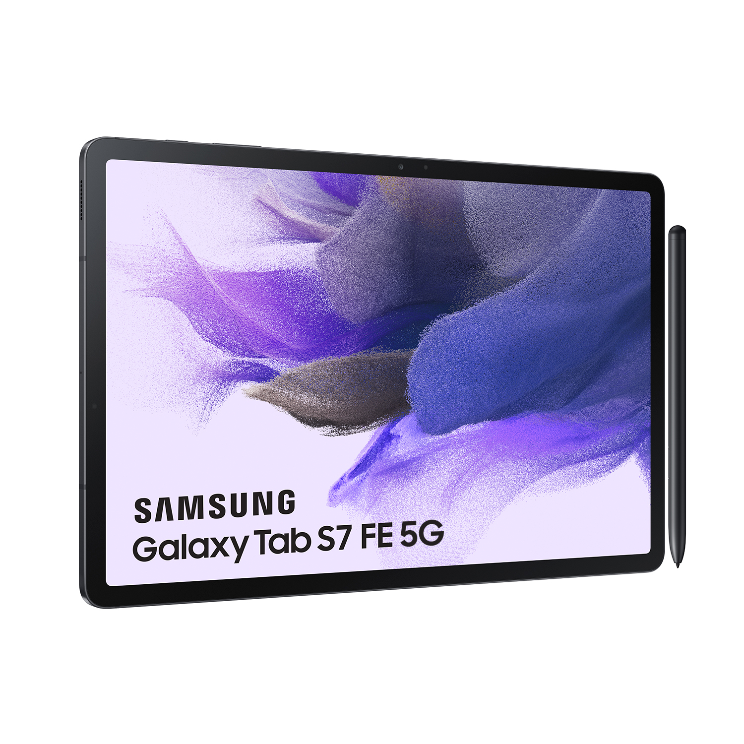 Tableta Samsung negra con lápiz. Pantalla muestra imagen púrpura. Texto visible. Fondo blanco.