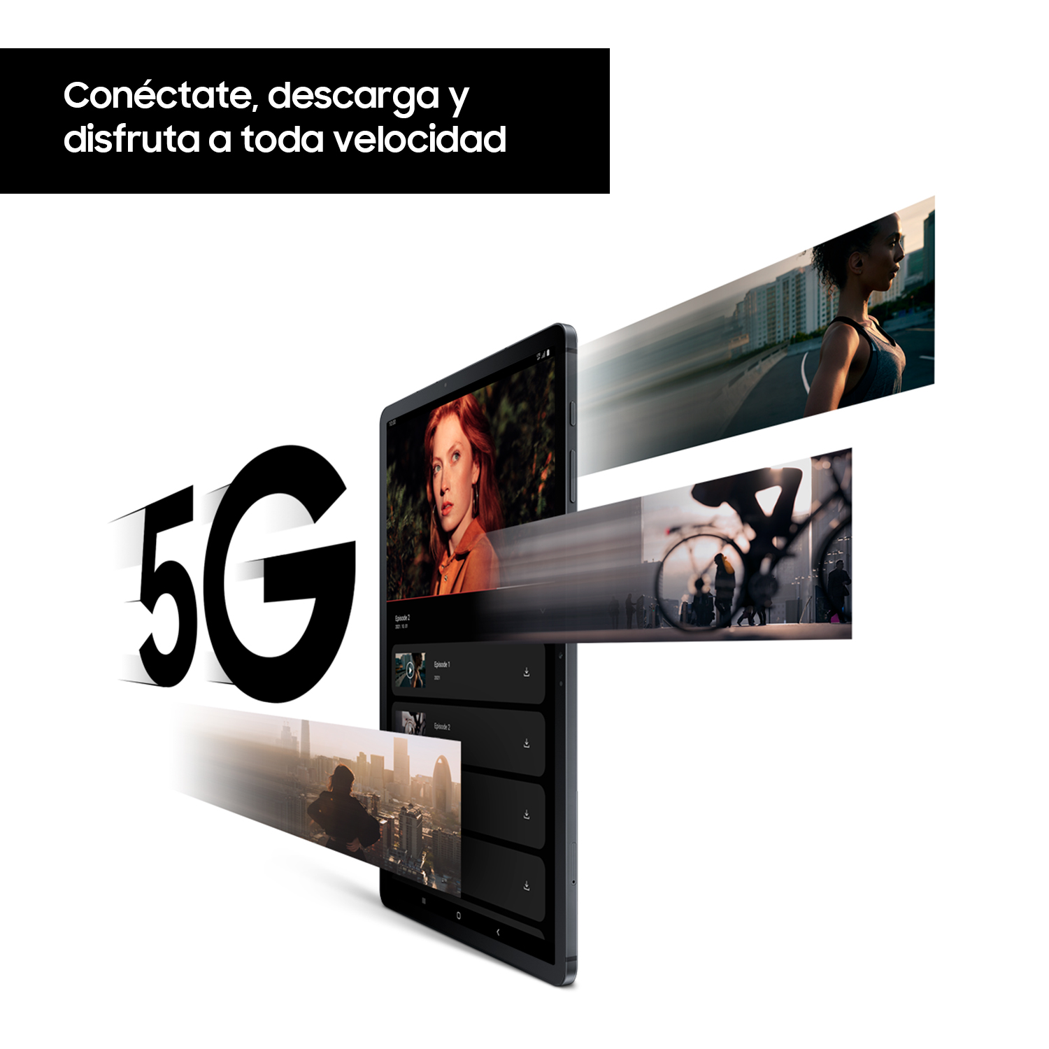 Una tableta con un vídeo mostrado, con el texto '5G'. El fondo es blanco.