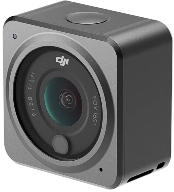 Une caméra carrée avec un objectif, un cadre gris, un devant noir et le logo DJI.