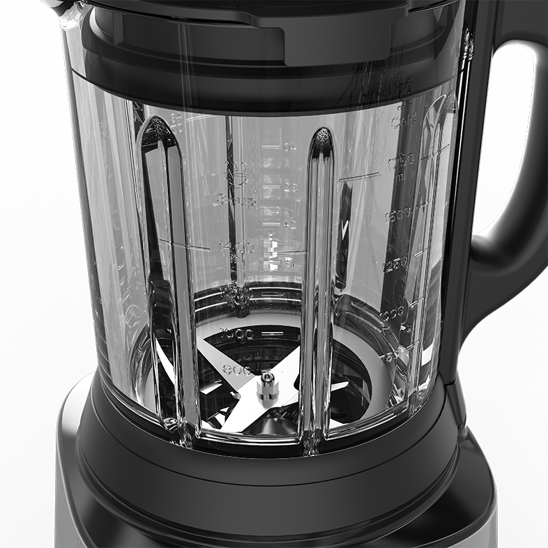 Turmixgép kancsója pengével, átlátszó, mérési jelölésekkel. Fekete háttér.