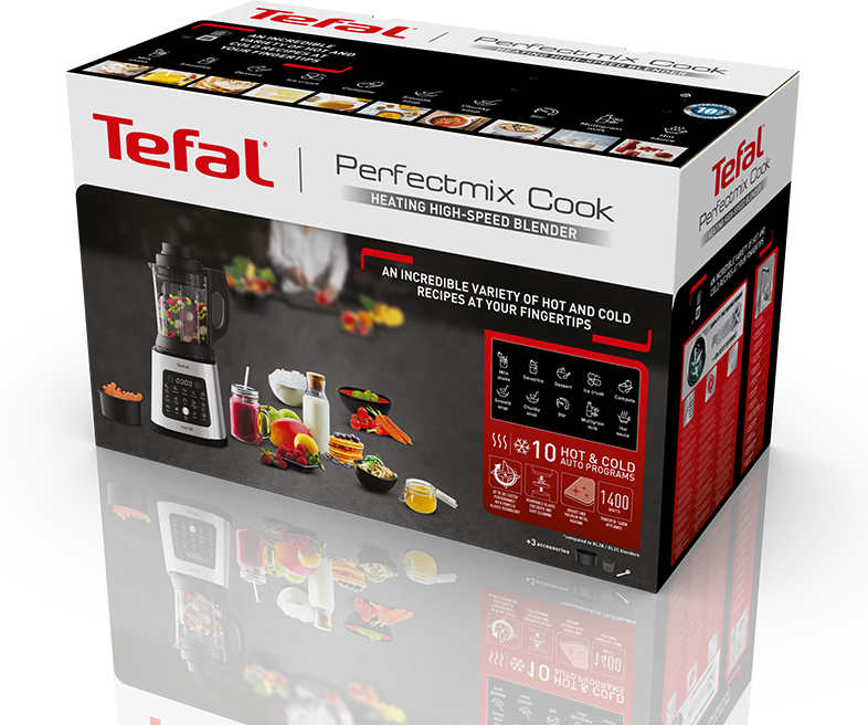 Tefal turmixgép doboz turmixgéppel és receptekkel. Fehér és fekete színek dominálnak.