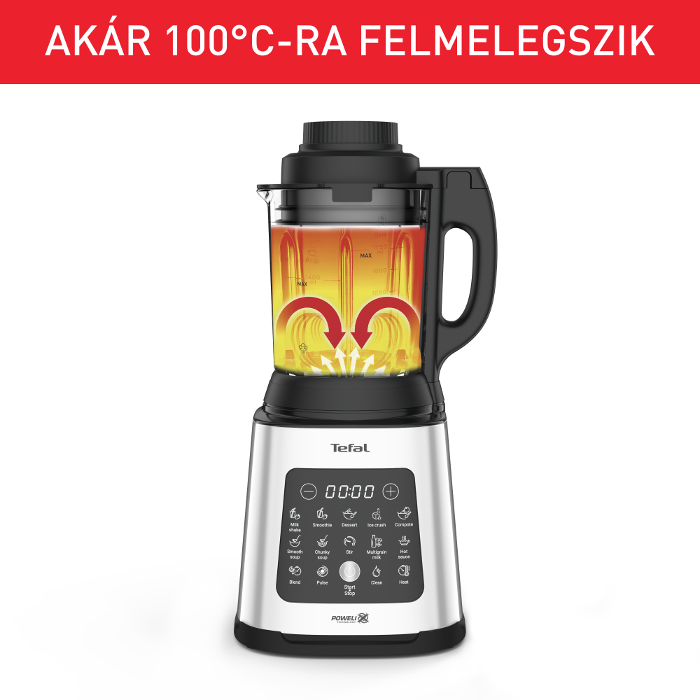 Ezüst és fekete turmixgép üvegtartállyal. Szöveg a tetején.