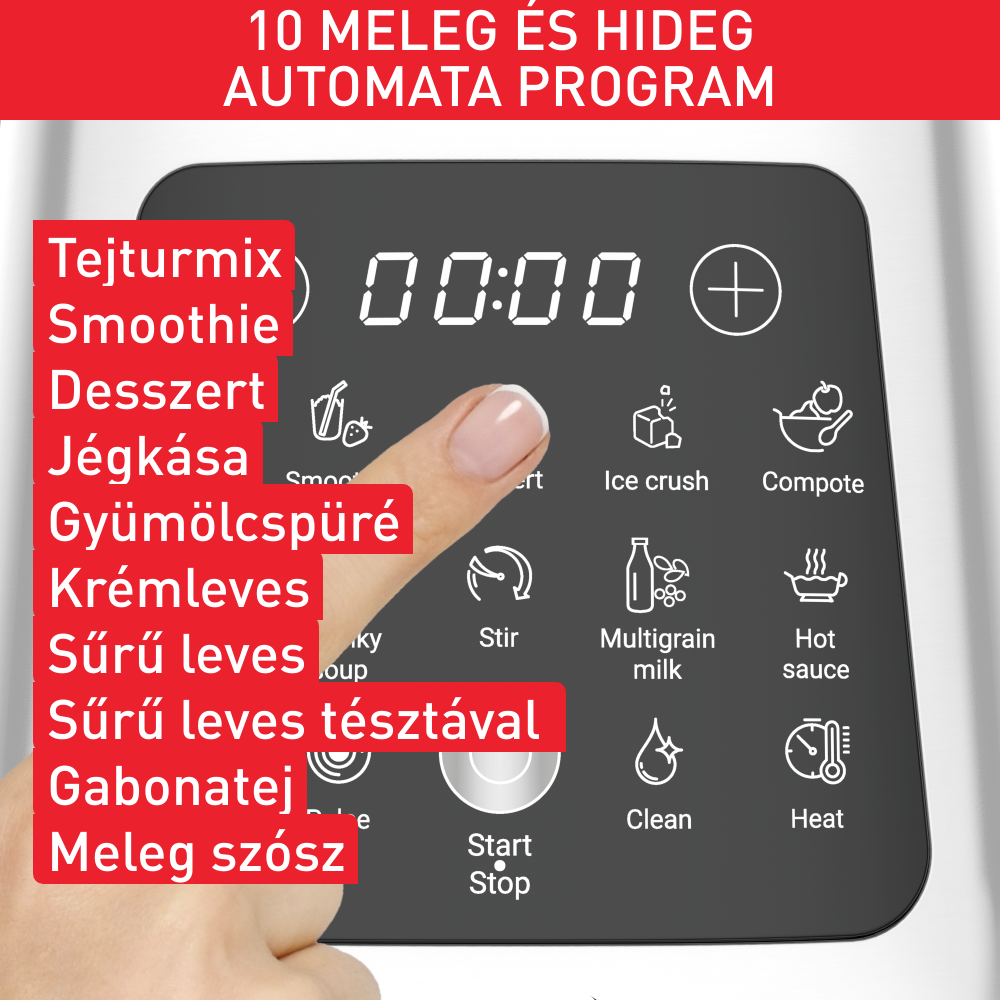 Turmixgép vezérlőpultja. Különböző programlehetőségeket és időzítőt mutató digitális kijelzőt mutat.
