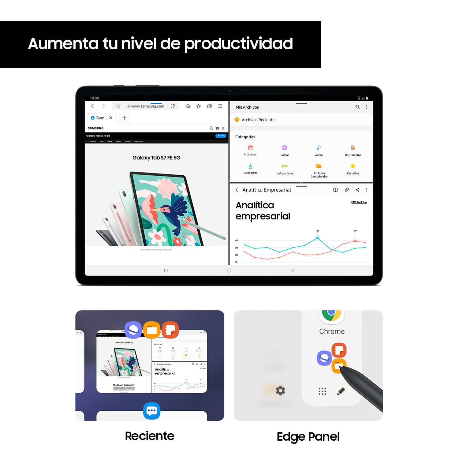 Pantalla de tableta mostrando un sitio web y aplicaciones. El texto dice 'Aumenta tu productividad'.