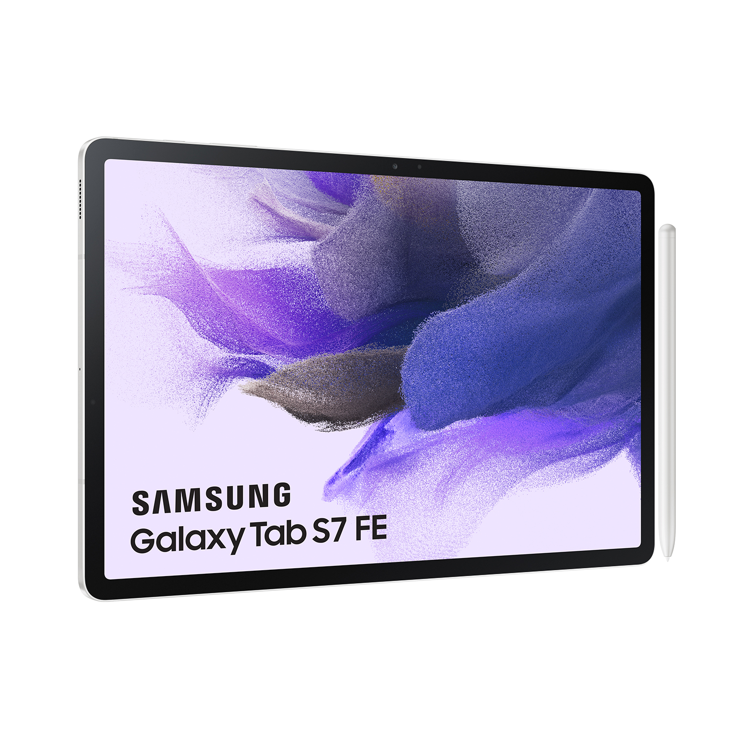Tableta Samsung Galaxy Tab S7 FE con lápiz, marco blanco, sobre fondo blanco.