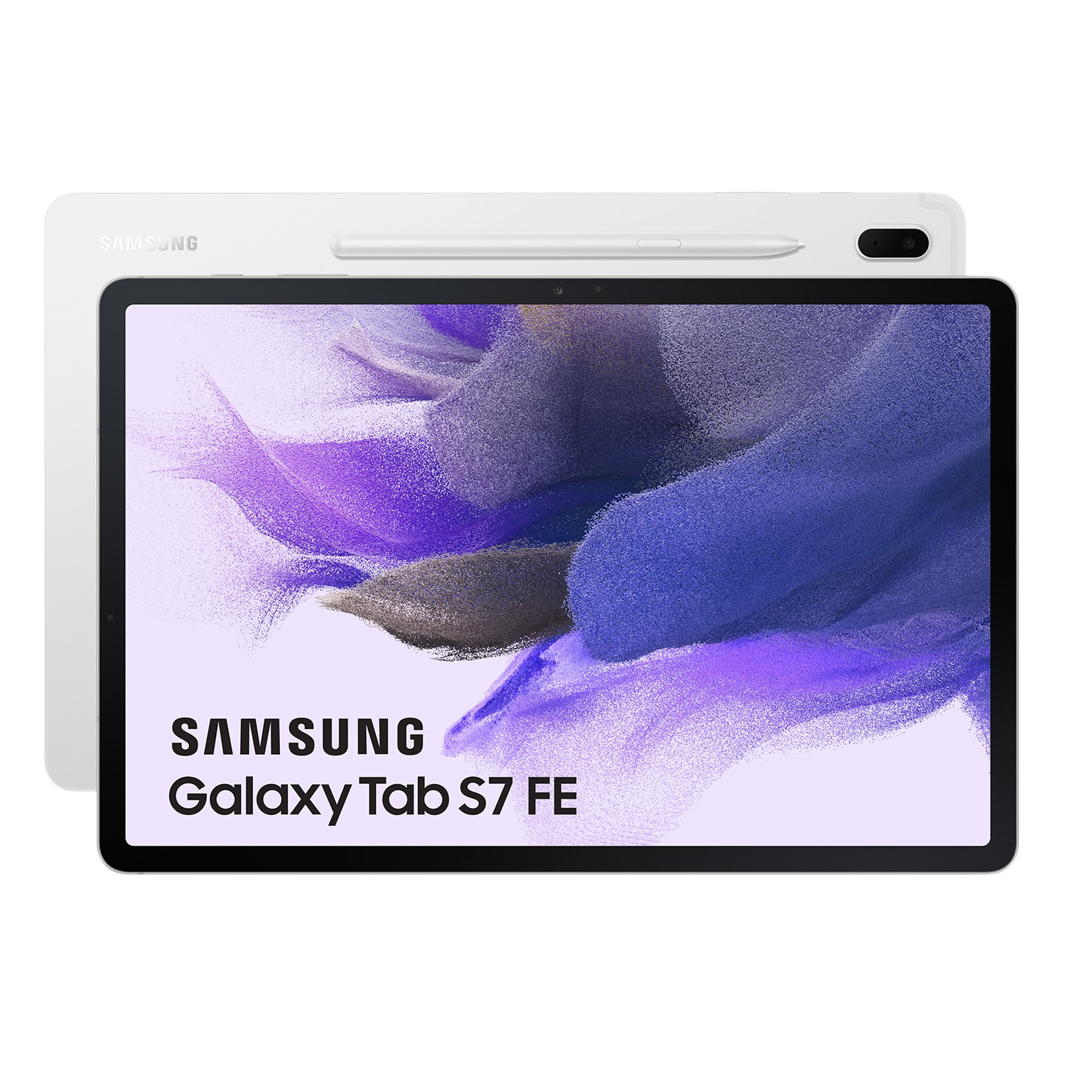 Tableta Samsung Galaxy Tab S7 FE con el lápiz. Es blanca, con la pantalla mostrando una imagen púrpura.