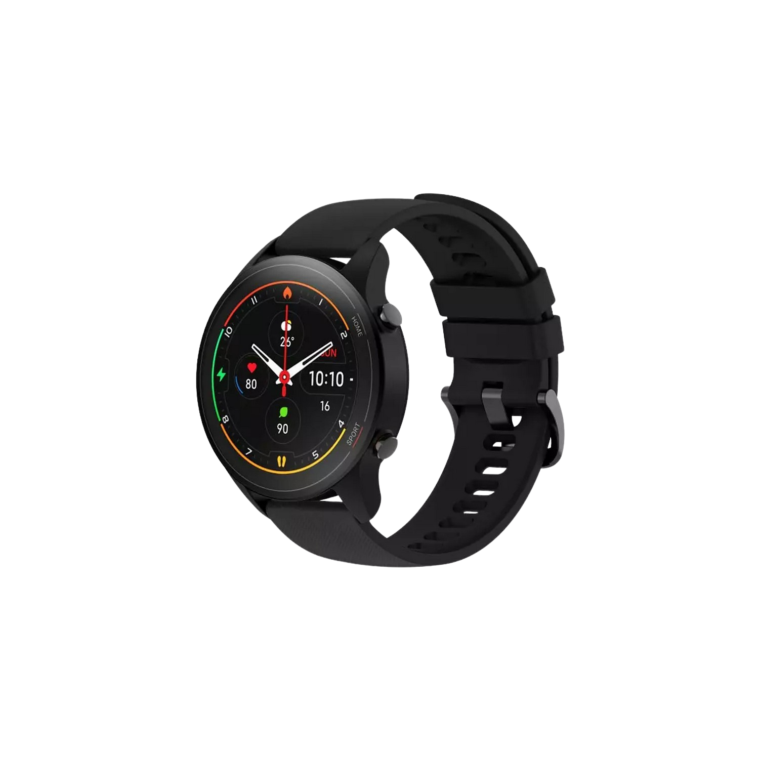 Reloj inteligente negro con esfera redonda. El reloj muestra la hora, la frecuencia cardíaca y otras métricas.