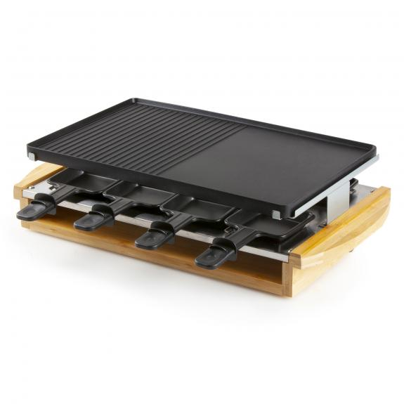 Raclette grill met grillplaat en kaashouders. Houten basis.