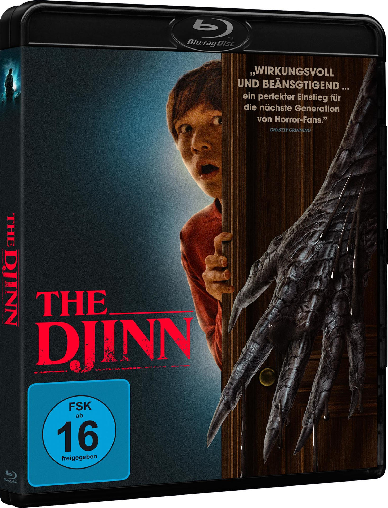 Das Djinn Blu-ray-Cover. Ein Junge schaut erschrocken zur Tür, eine Hand mit Krallen greift heraus.