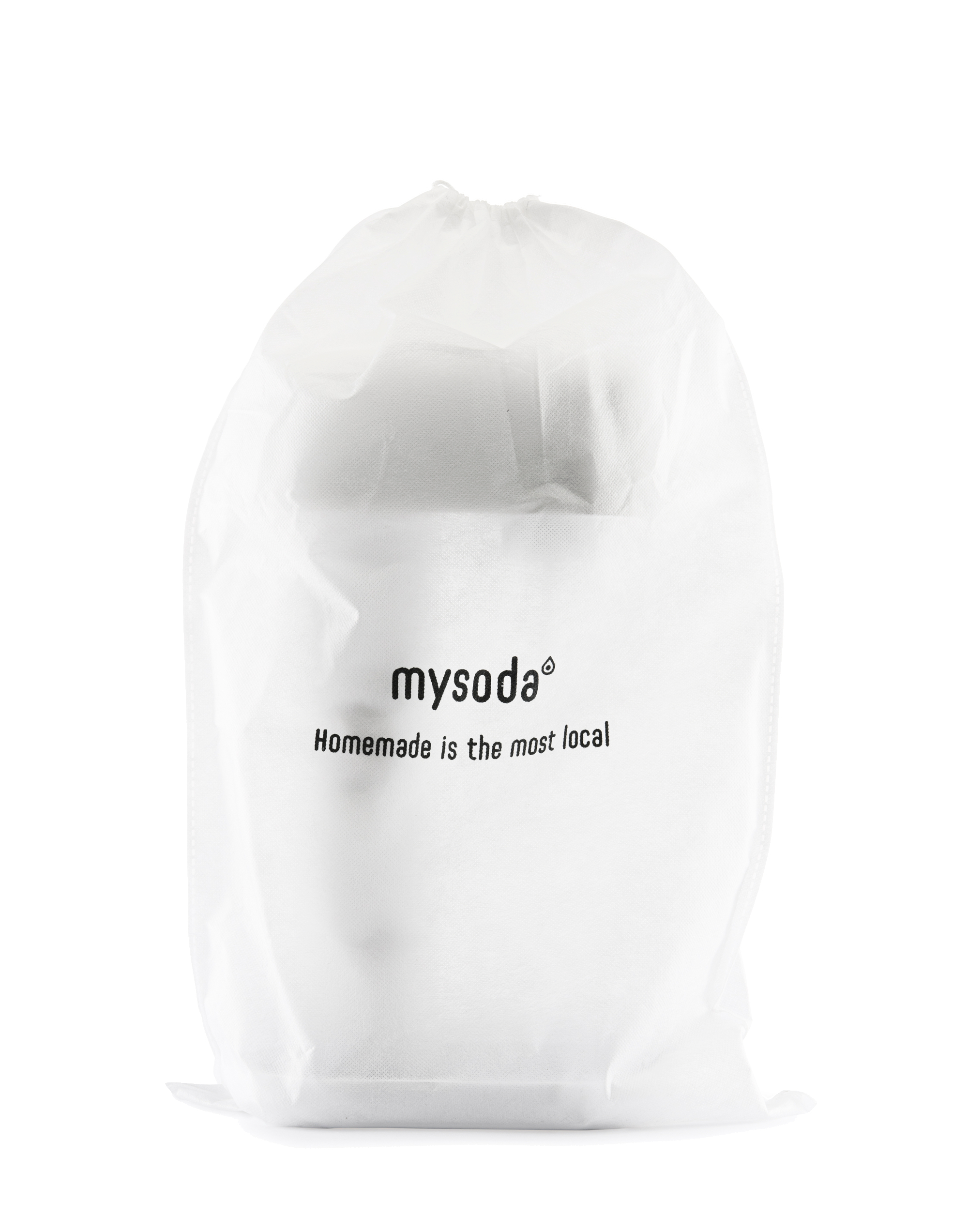 Weiße Tasche mit 'mysoda'-Logo. Sagt 'Hausgemacht ist das Lokalste'.