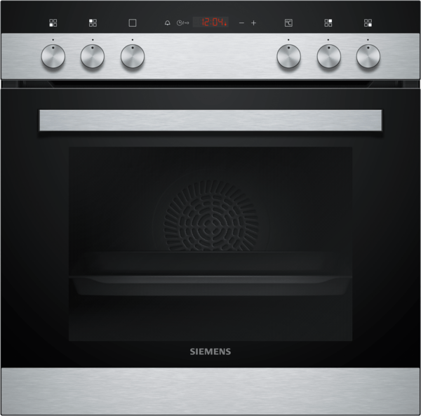 Ein Edelstahl-Backofen mit schwarzer Tür und digitaler Anzeige oben.