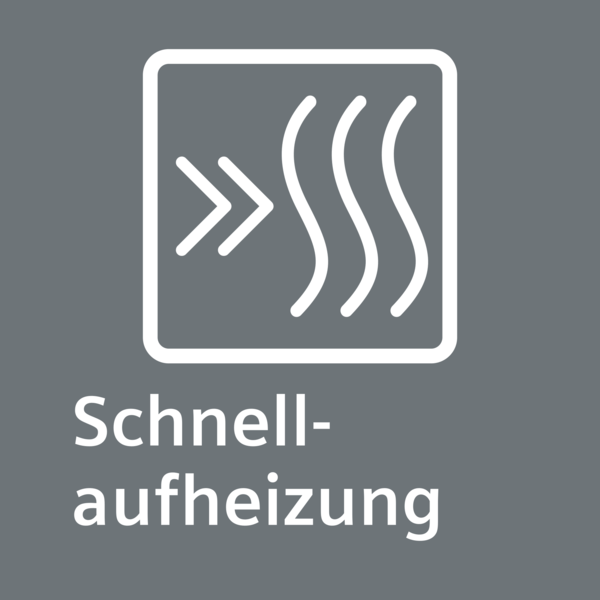Ein Icon mit Pfeilen und Wellenlinien, mit dem Text 'Schnellaufheizung'.