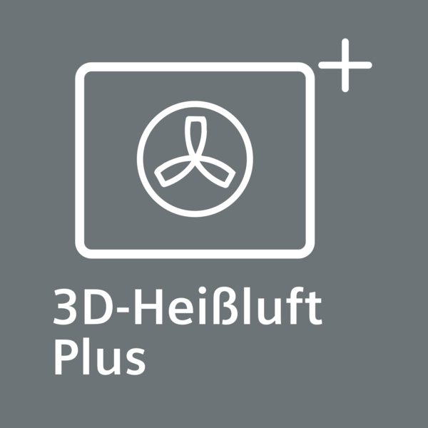 Symbol mit einem Lüftersymbol in einem Quadrat, Pluszeichen in der Ecke, mit Text '3D-Heißluft Plus'.