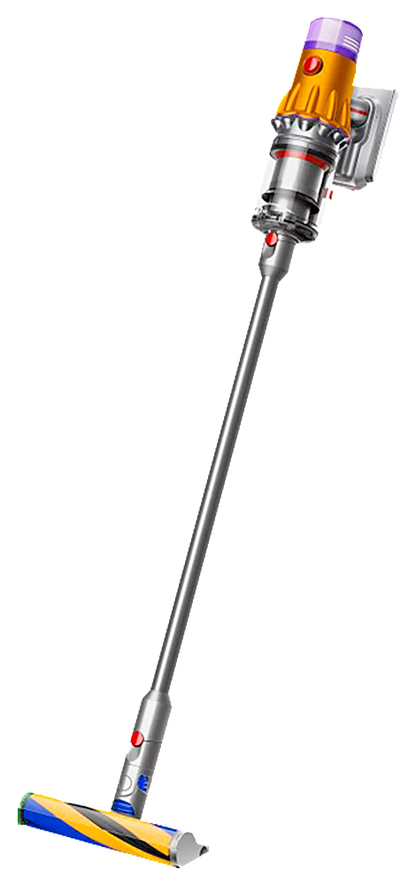 Ein kabelloser Dyson-Staubsauger. Er hat einen gelben Motor, einen silbernen Körper und einen blau-gelben Bürstenkopf. Der Hintergrund ist weiß.