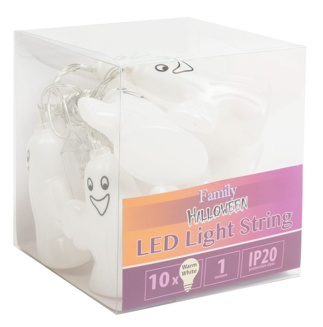 Átlátszó doboz fehér szellem alakú LED-es lámpákkal. A dobozon "Family Halloween LED Light String" felirat.