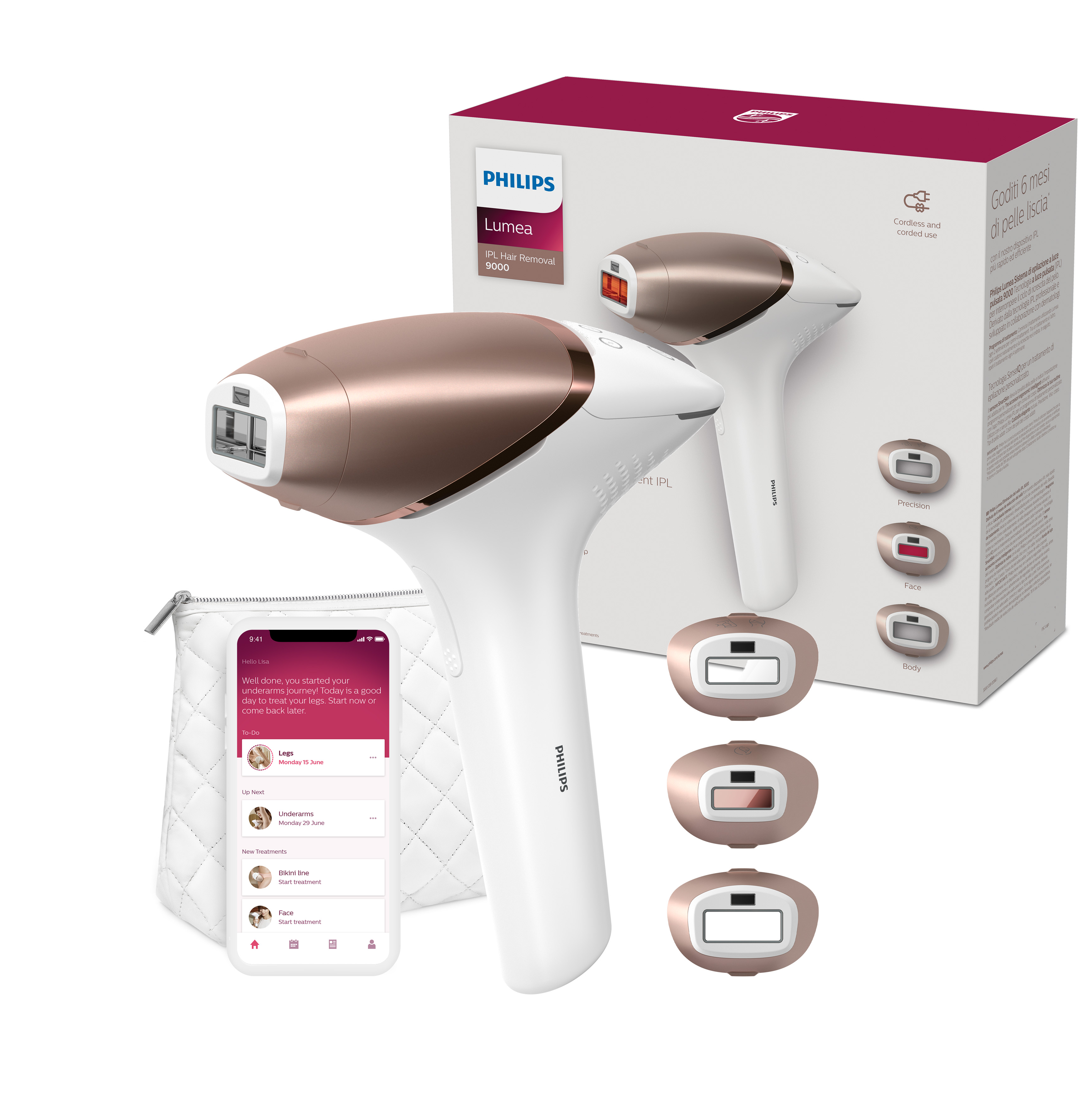 PHILIPS Lumea Series 9000 IPL BRI955/00 Haarentfernungsgerät, 3 Aufsätze, weiß/rosa IPL-Haarentfernungsgerät (Weiß, mit , Netzbetrieb)
