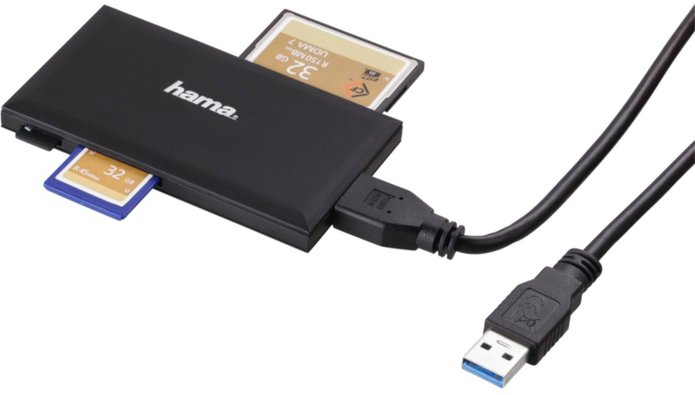 A black card reader with two SD cards inserted, connected to a USB cable. White background.