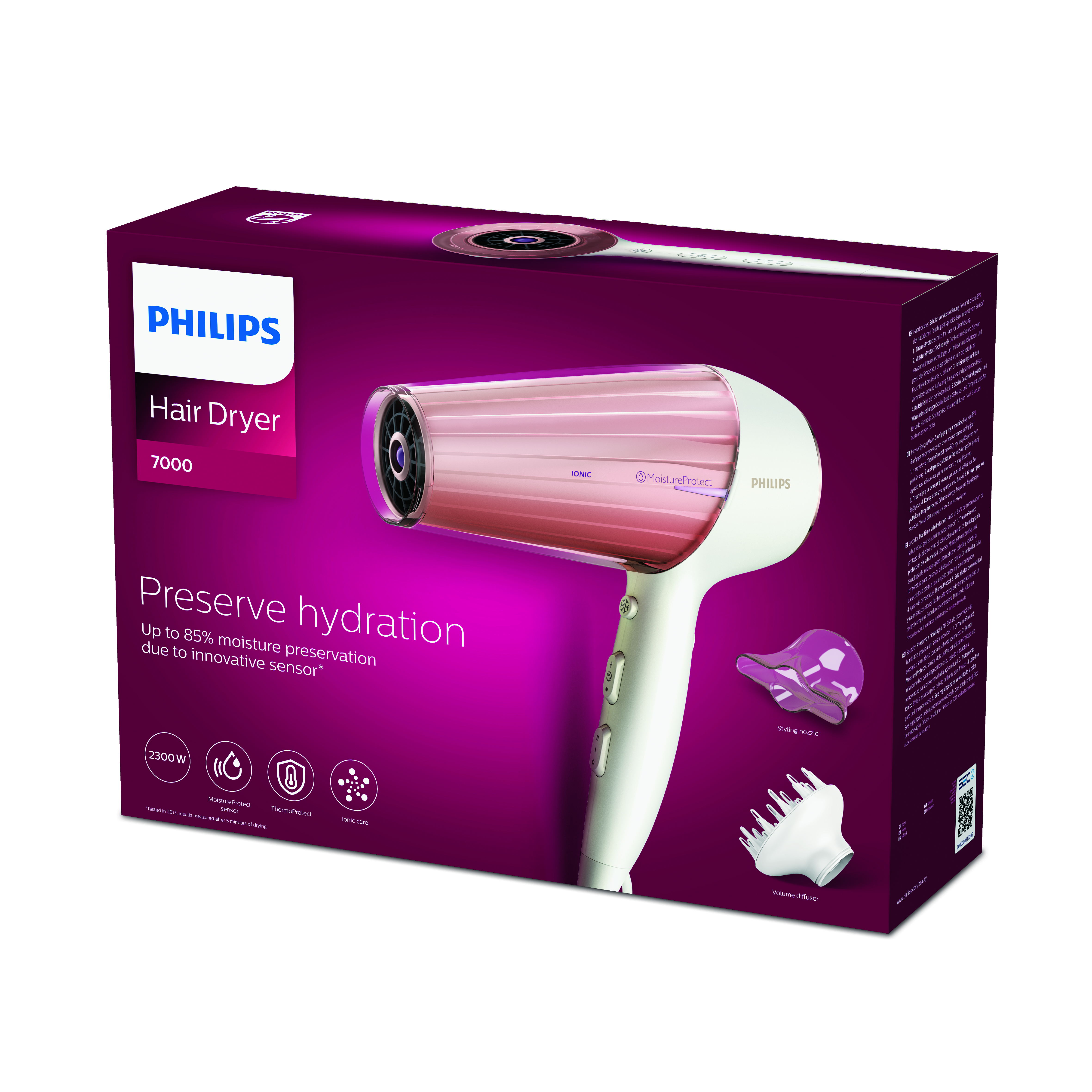 Rosa-weißer Philips-Haartrockner in einer Box. Zubehör gezeigt. Rote Box.