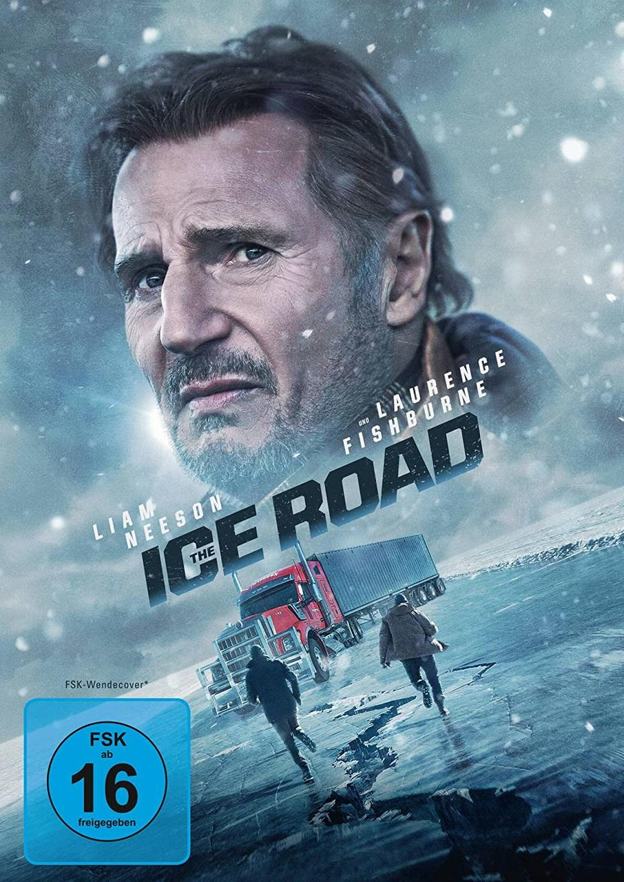 Filmcover: Liam Neeson in 'The Ice Road'. LKW auf Eis, zwei Figuren rennen. Schneefall.
