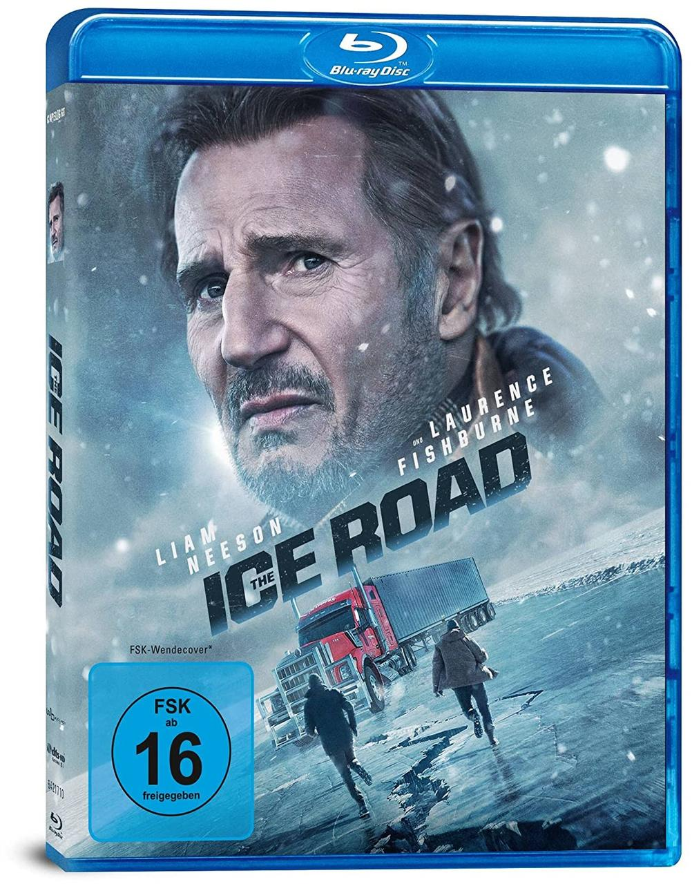 Die Ice Road Blu-ray-Hülle mit Liam Neeson auf dem Cover. Ein LKW und Figuren auf einer eisigen Straße.