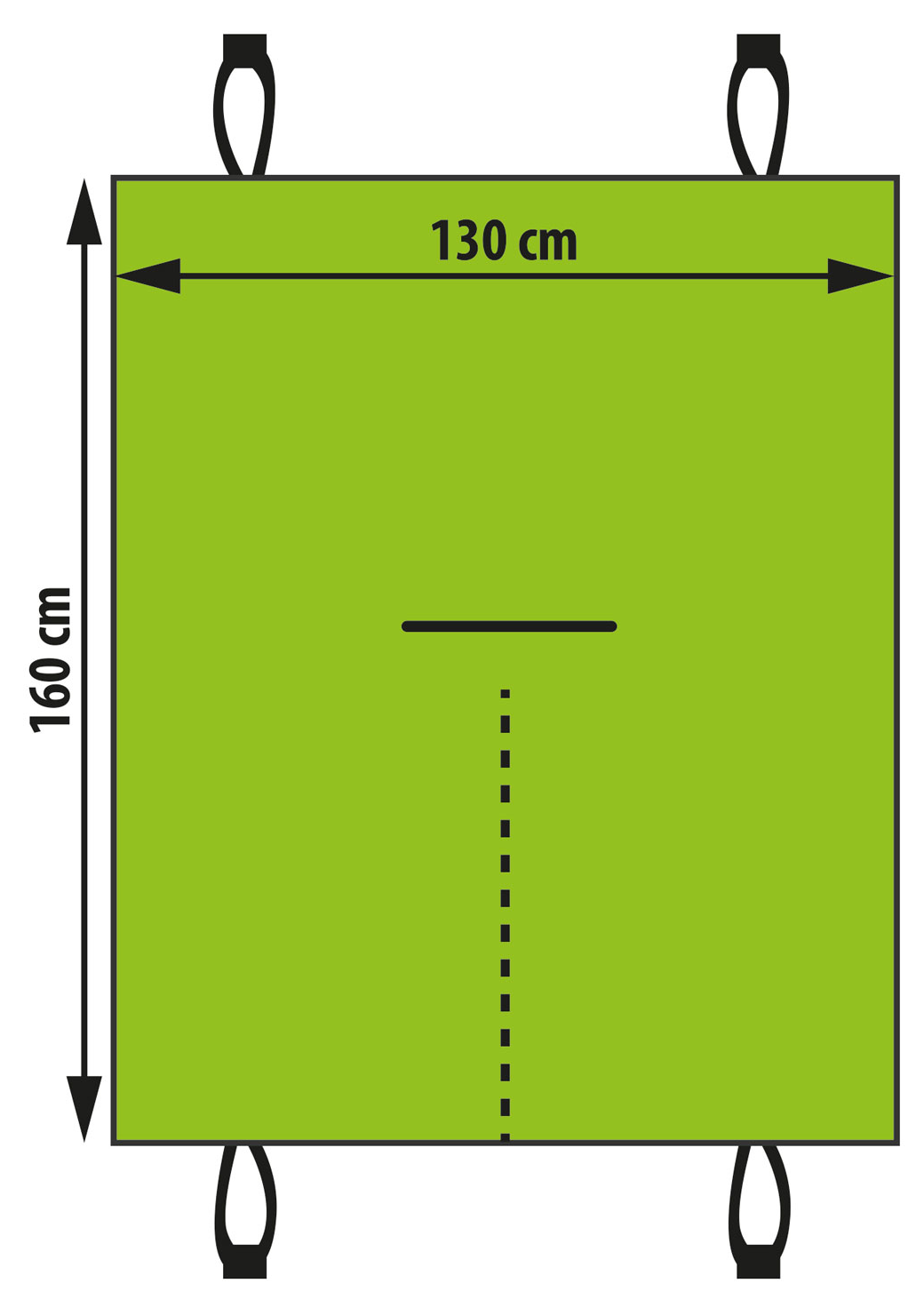 Zöld ponyva fekete hurkokkal a sarkokon, 160cm és 130cm méretekkel.