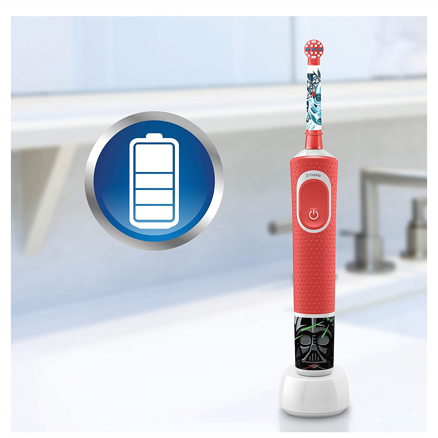 Cepillo de dientes eléctrico rojo con icono de batería. Diseño de Star Wars.