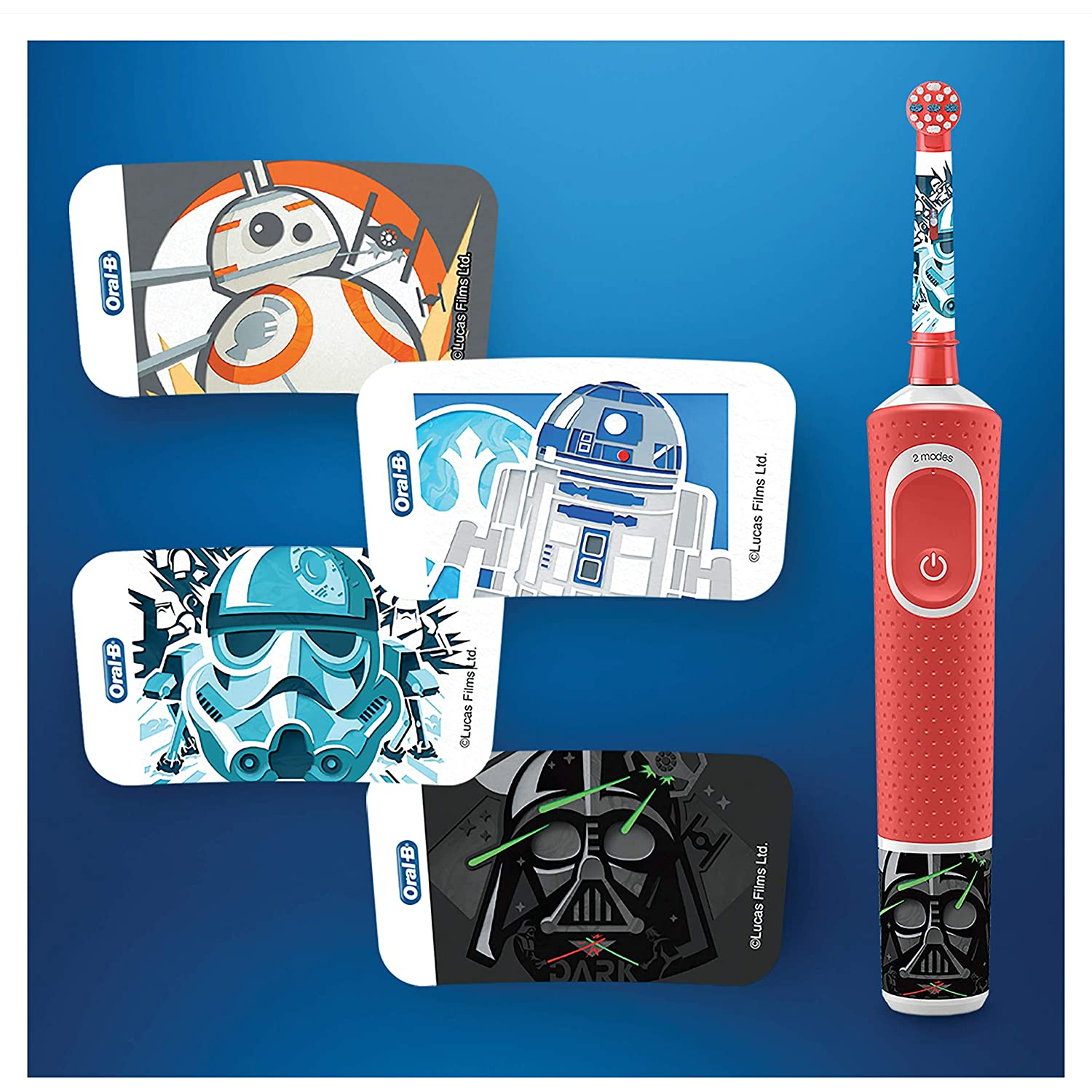 Cepillo de dientes Oral-B de Star Wars con pegatinas de personajes y mango rojo.