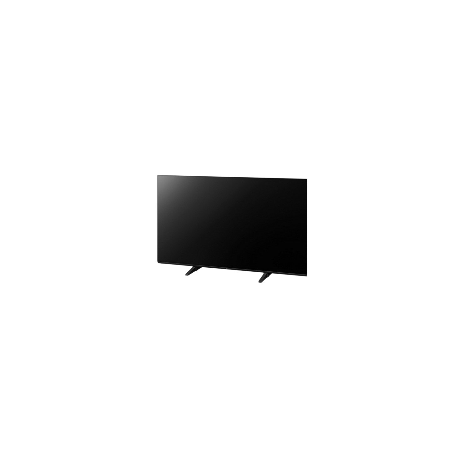 Televisor negro sobre fondo negro, con dos pies. Diseño moderno.