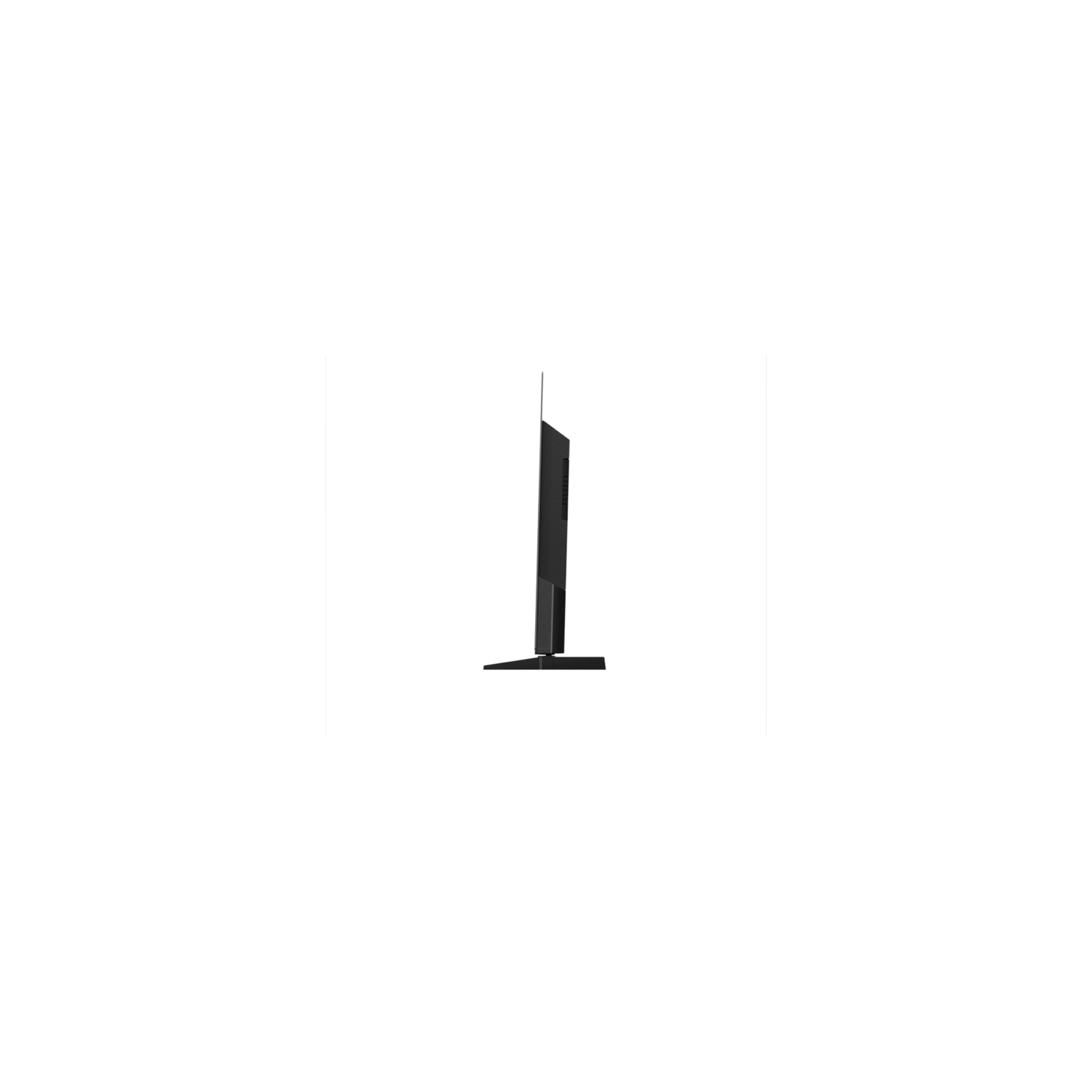 Una vista lateral de un televisor negro sobre un fondo negro.